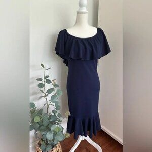 LuLaRoe Cici Mermaid Flounce Dress Size Medium Solid Navy Blue Off Shoulder